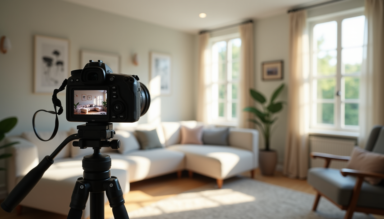 A professional camera on a tripod, its LCD screen showing a framed shot of a bright, staged living room during a real estate photo shoot