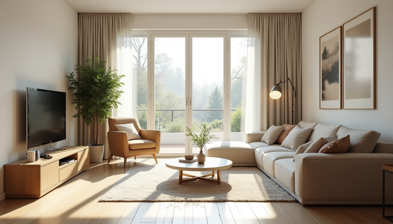 A bright, professionally staged living room with a beige sectional sofa and large windows