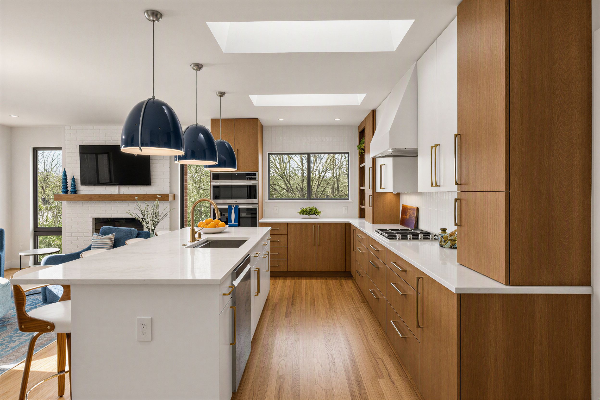 Walnut-and-white kitchen with navy dome pendants, waterfall island, and skylights