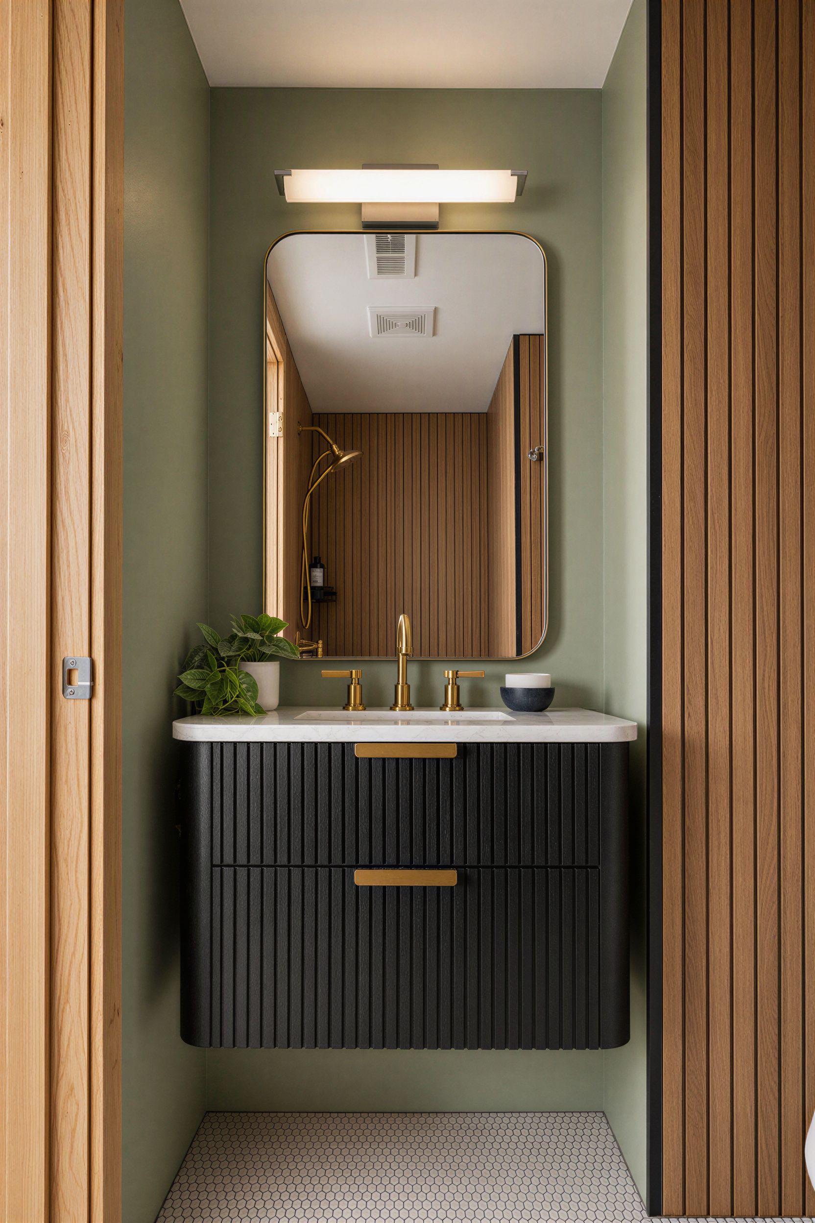 Powder room with deep green walls, black fluted floating vanity, and gold fixtures