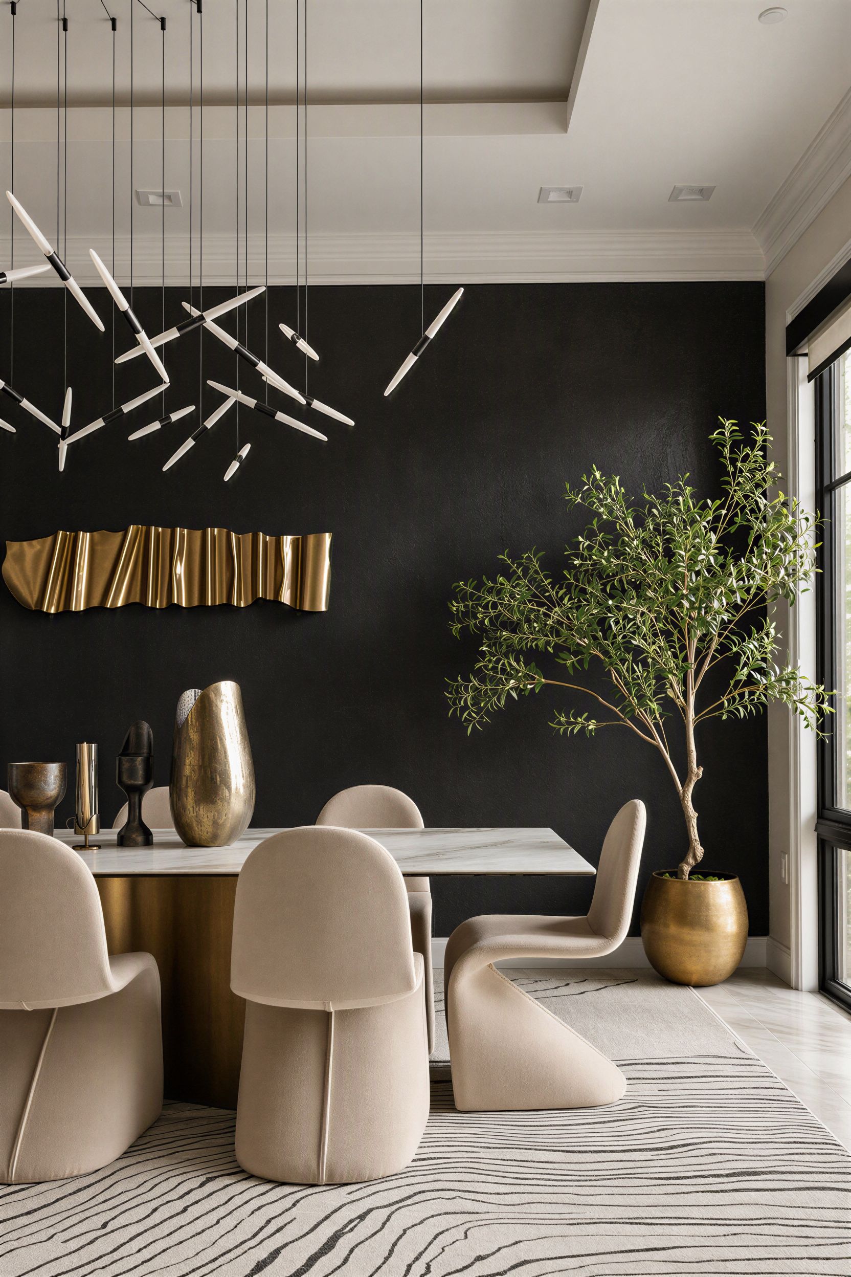 Dining room with black accent wall, gold sculptural decor, and curved upholstered chairs