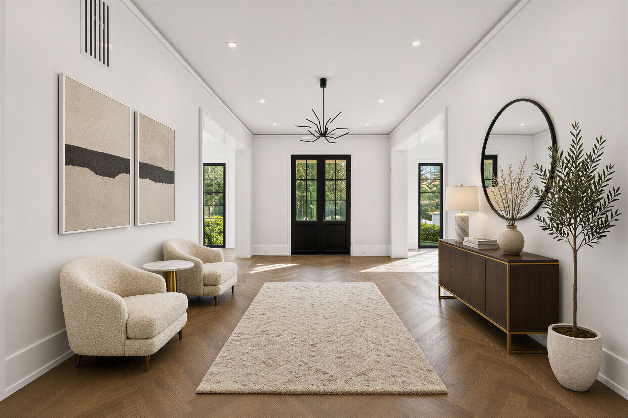 Grand entry foyer with herringbone wood floors, a sputnik chandelier, black double doors, and a round wall mirror